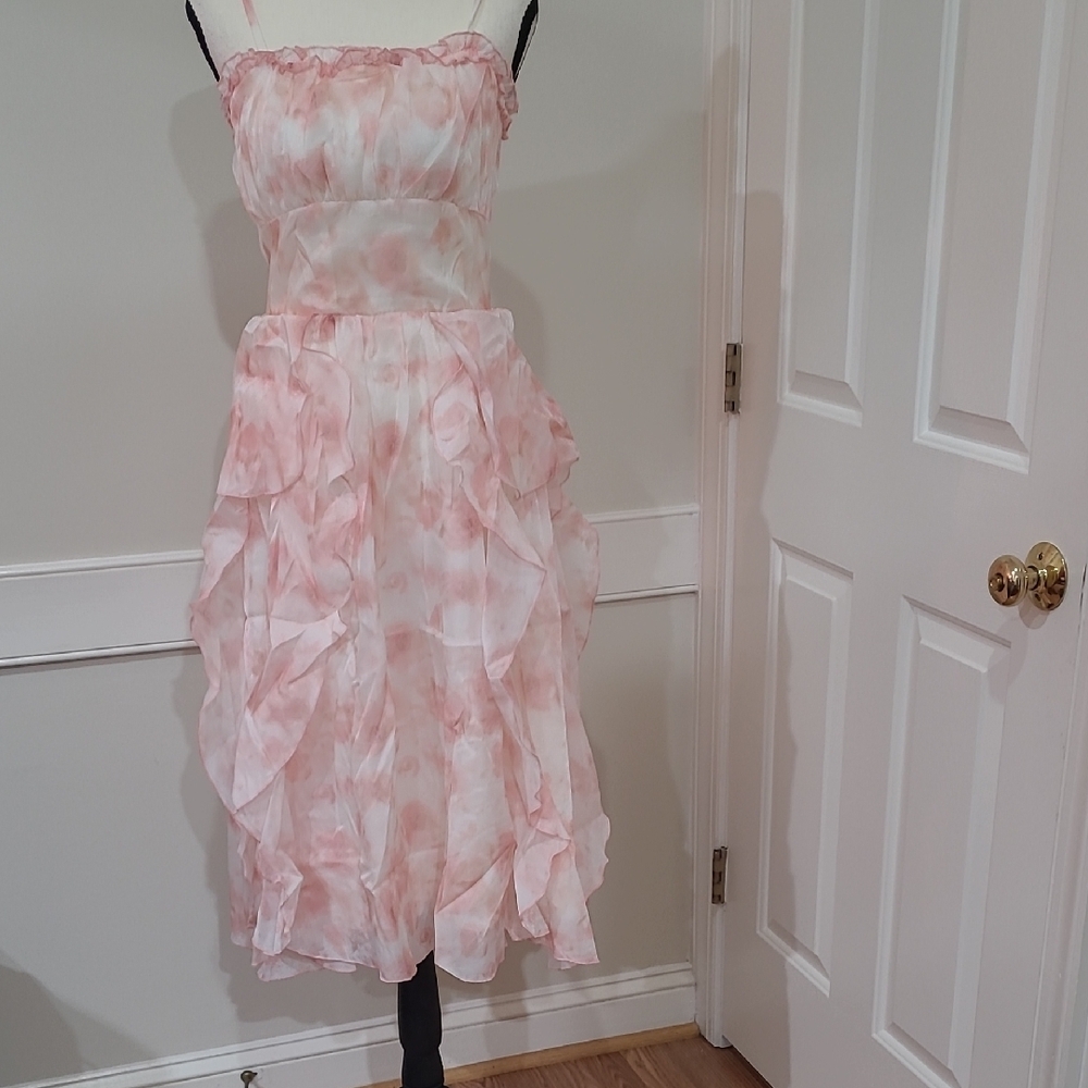 Elegant Chiffon Pink Watercolor Strapless Ruffle Midi Dress - No Tag - Size S